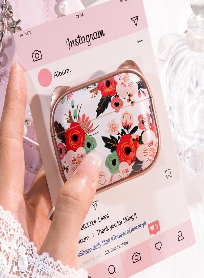 MHYALUDO جراب MHYALUDO لسماعات AirPods Pro 2 مع طقم تنظيف، تصميم لطيف بطبعة أذن قطة وإبزيم أنيق للبنات، حامل هاتف وإبزيم قفل علوي آمن لجراب AirPods Pro من الجيل الثاني/الأول، زهرة ذهبية وردية - Image 4